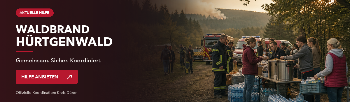 Freiwillige und Feuerwehrkr&auml;fte koordinieren Getr&auml;nke- und Verpflegungshilfe beim Waldbrand in H&uuml;rtgenwald.
